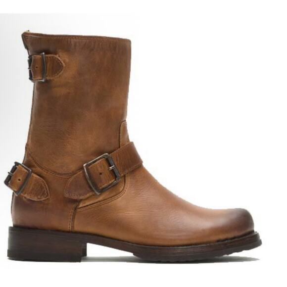 FRYE 76603 Size 8.5B Cognac Brown Veronica Short Double Buckle Zip Boots - Picture 1 of 8